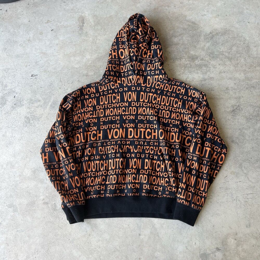 Von Dutch Hoodie Mens Orange Black All Over Logo Print Full Zip Paris AOP medium